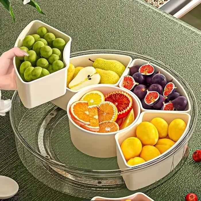 Plateau de stockage des aliments rotatif à 5 compartiments, avec poignée de couvercle, récipient de fruits secs, collation et légumes, plat de service de cuisine domestique