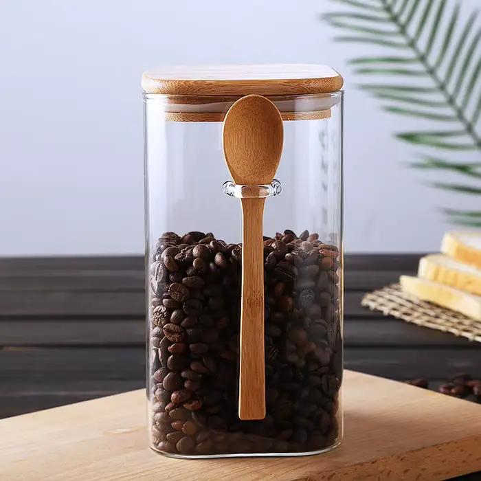 Pot de stockage scellé en verre carré de style japonais avec cuillère en bois
