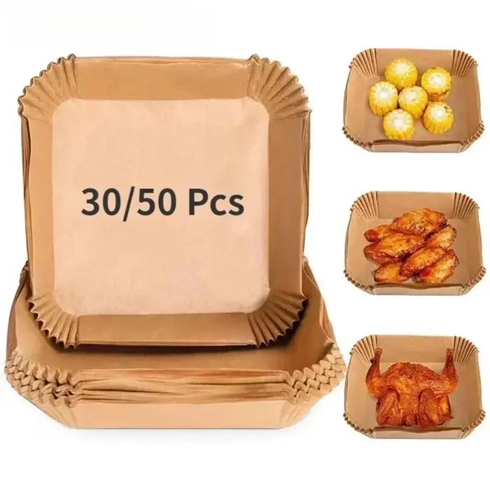 Accessoires de cuisine en papier pour friteuse à Air, ustensiles de cuisine jetables, moules à pâtisserie carrés et ronds, plaque de barbecue, tampon antiadhésif, 50/30 pièces