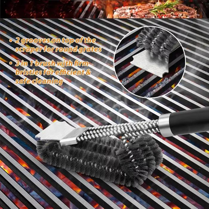 Brosse et grattoir de gril sûrs, brosse de nettoyage de barbecue à poignée avec poils en acier inoxydable, adapté au nettoyeur de grille de gril extérieur