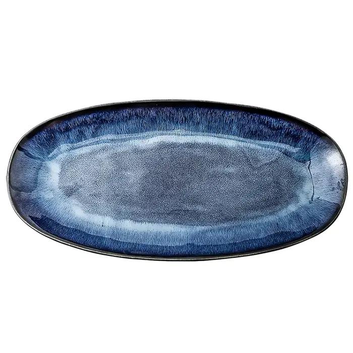 KINGLANG-Assiette Longue Bleue Glacée au Four Japonais, Poisson à la Vapeur Domestique, Grand pio à Sushi Créatif