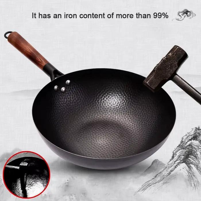 Konco Fer wok Poêle en fonte Pot non revêtu Utilisation générale pour cuisinière à gaz et induction 32 cm Wok chinois