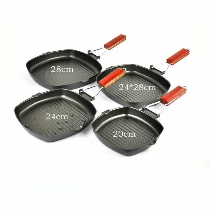 Poêle à frire à steak portable non collante, poêle à griller carrée avec manche en bois pliant, poêle à frire pour barbecue, accessoire de cuisine en fer à crêpes