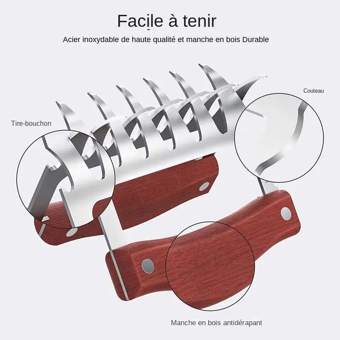 Griffes d'ours en acier inoxydable LMETJMA pour barbecue et manipulation de viande avec manche en bois ouvre-bouteille pour occasions familiales et rassemblements