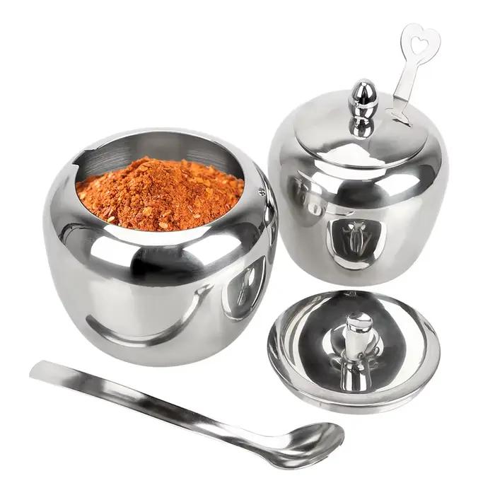 Sucrier à pommes, Pot d'assaisonnement, accessoires de cuisine avec couvercle et cuillère, Pot à condiments, récipient à épices, vaisselle en acier inoxydable