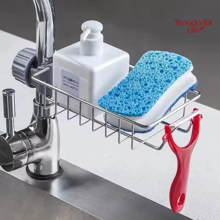 Égouttoir d'évier de cuisine en acier inoxydable, support de robinet de rangement, égouttoir à savon, porte-serviettes, organisateur d'étagère, accessoires de cuisine
