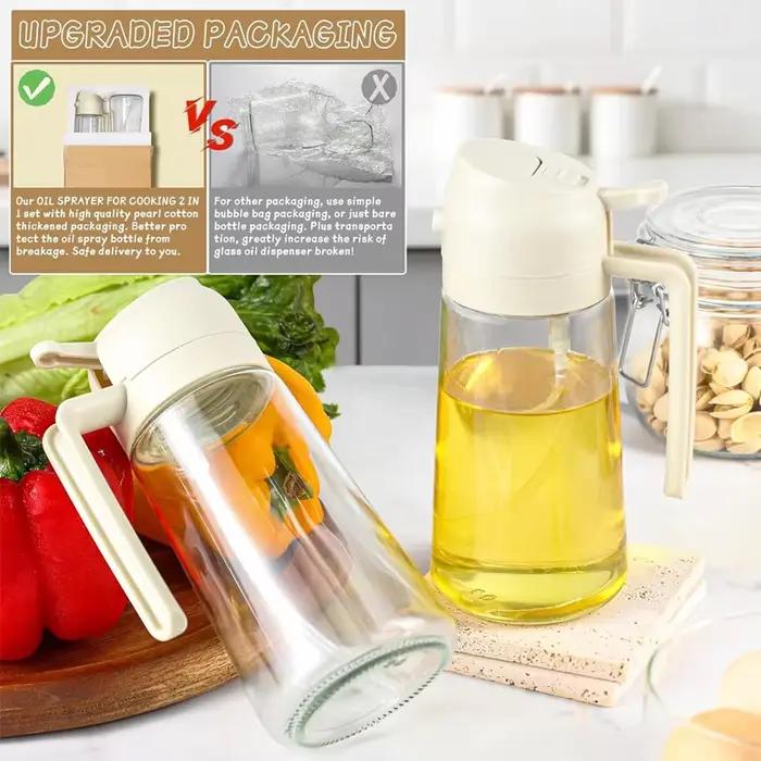 Bouteille d'huile en verre, double usage pulvérisation et versement, 600 ml, résistante aux hautes températures et anti-fuite, pulvérisation uniforme, idéale pour les salades