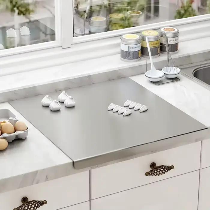 Planche à découper pliante en forme de L, planche à découper double face en acier inoxydable, panneau de coupe et de pétrissage de fruits ménagers de cuisine