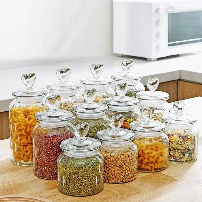 Pot en verre scellé moderne en forme de cœur, pot d'assaisonnement de cuisine en grains de café, pot en verre Transparent, récipient de stockage en verre pour bonbons et aliments