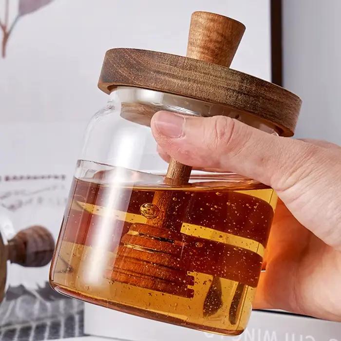Bouteilles de stockage en verre à large ouverture avec cuillère et couvercle - Pots à miel et distributeurs de sirop