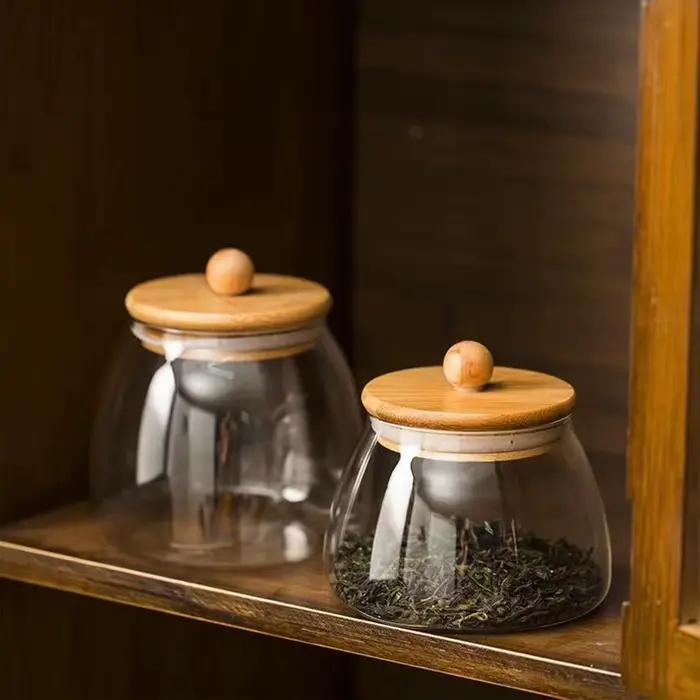 Récipients en verre hermétiques pour le stockage du thé, des herbes et des épices, pot de rangement en verre borosilicate, boîte à thé, organisateur de cuisine