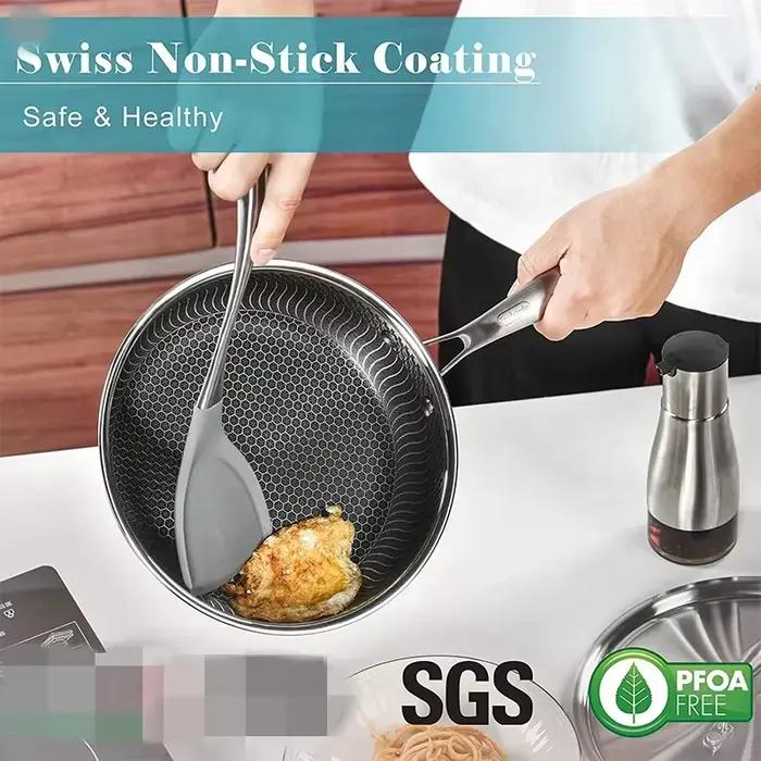 LMETJMA Poêle à frire antiadhésive en nid d'abeille en acier inoxydable avec couvercle Tables de cuisson à gaz électriques en céramique à induction compatibles KC0480