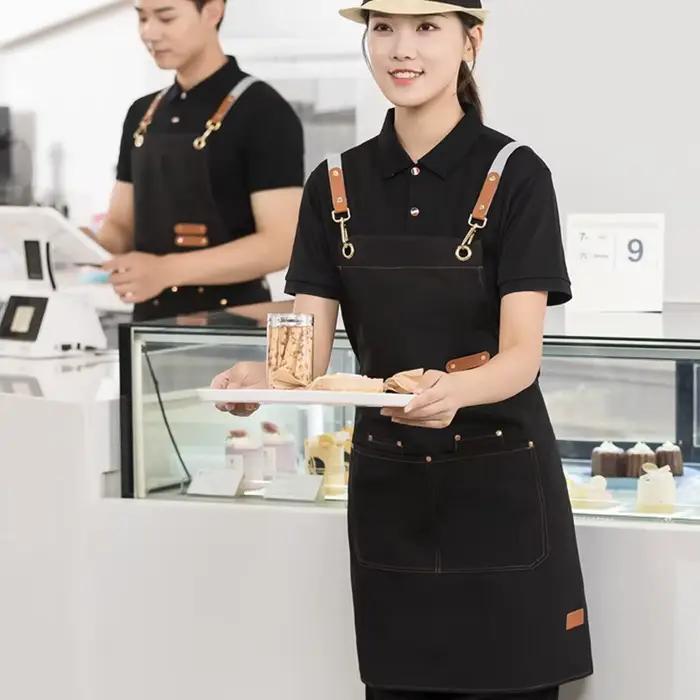 Tablier de travail professionnel hommes femmes cuisine tablier imperméable plusieurs poches serveur Barista travail uniforme Restaurant propre tablier
