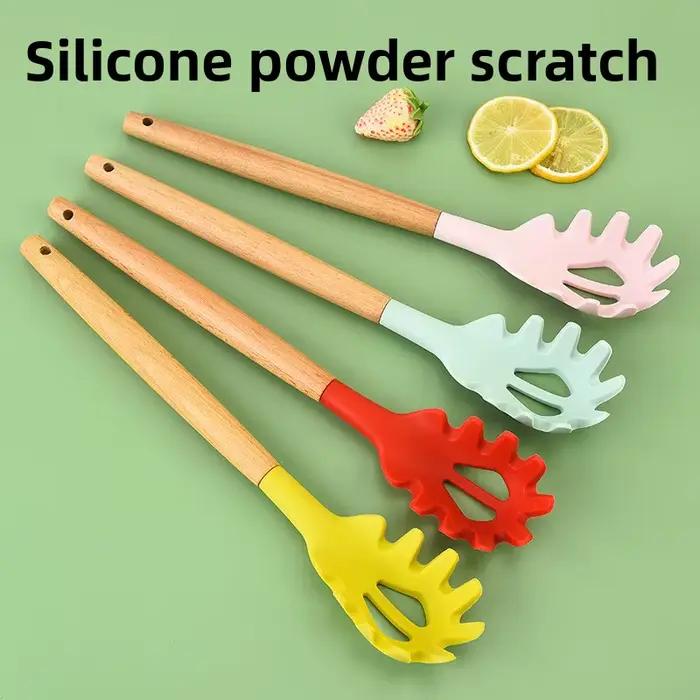 Griffe à pâtes en Silicone avec manche en bois, outil de cuisine antiadhésif, passoire à Spaghetti
