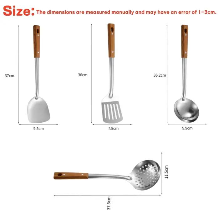 Ensemble d'ustensiles de cuisine en acier inoxydable avec manche en bois : spatule pour wok