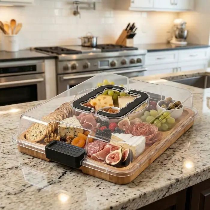Planche à charcuterie portable en bois avec couvercle transparent en acrylique