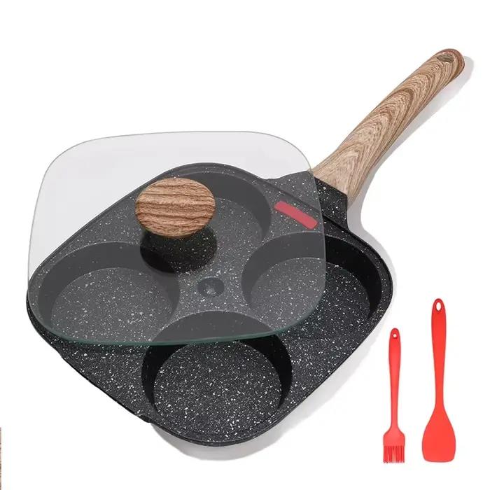 Poêle à omelette 4 trous avec couvercle en verre, antiadhésive, pour induction et gaz, petite capacité, ustensile de cuisine universel pour petits déjeuners et brunchs