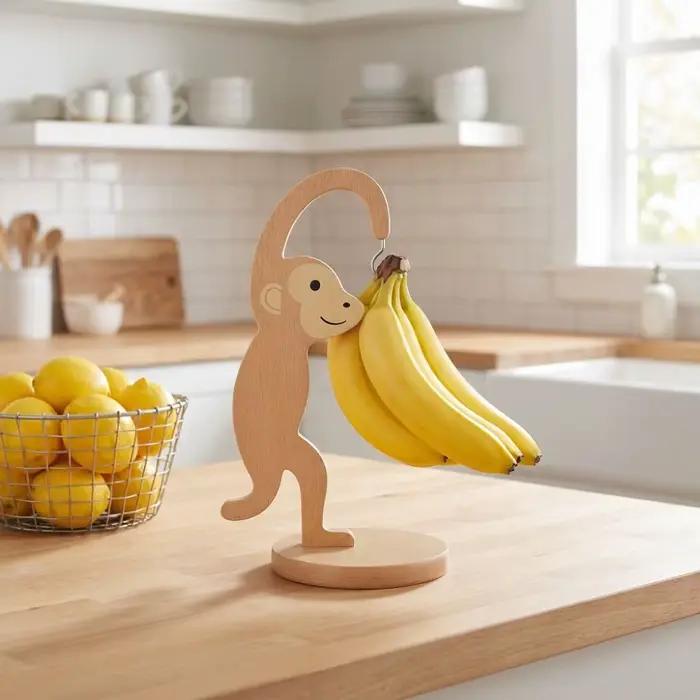 Support à bananes en bois avec crochet en acier inoxydable, design vertical, pour une suspension fluide et maintenir les bananes fraîches