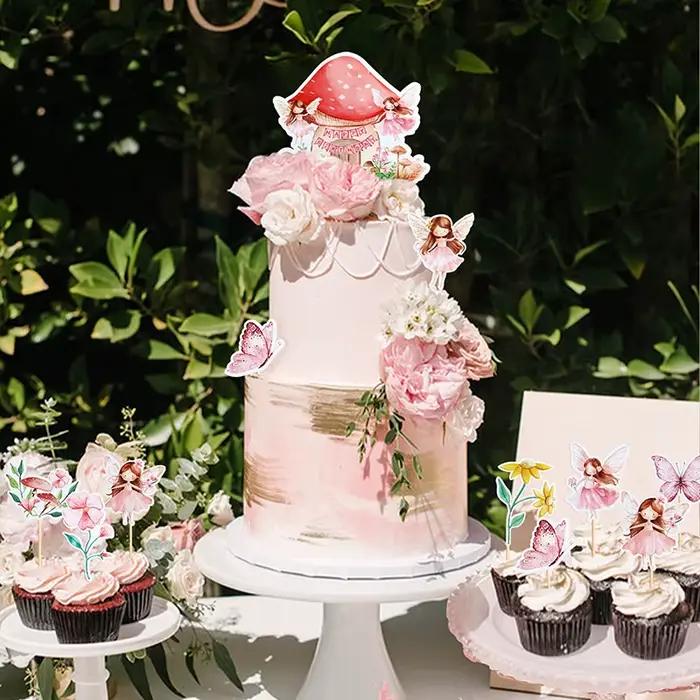 1 ensemble de décorations de cupcakes féériques, pics à dessert floraux, décorations de jardin féerique, pour anniversaire, baby shower, fête