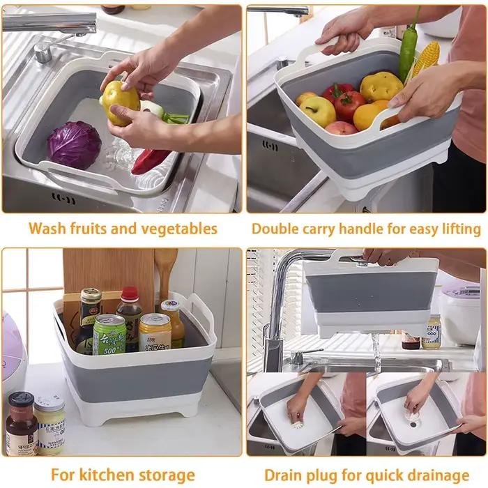 Lavabo à légumes pliable en plastique de 9 litres avec bouchon de vidange pour le stockage des plats, le lavage des légumes et des fruits, seau froid