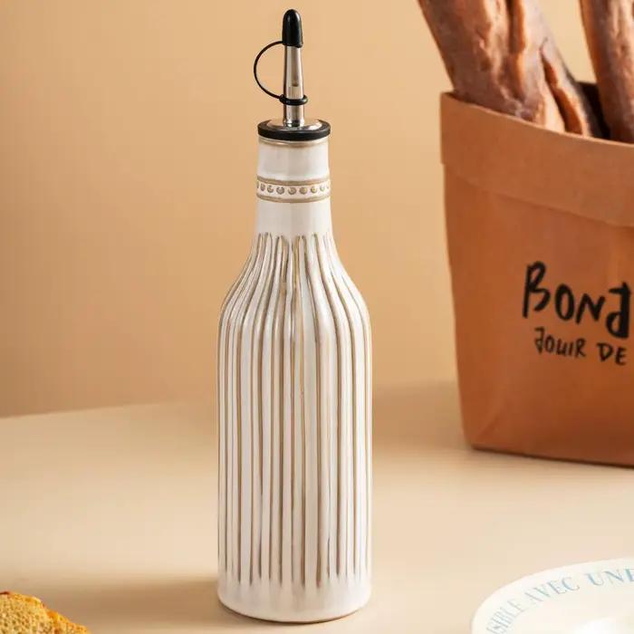 Bouteille d'huile et de vinaigre en céramique blanche à rayures simples et élégantes, style japonais moderne, ronde, pour huile d'olive et sauce soja