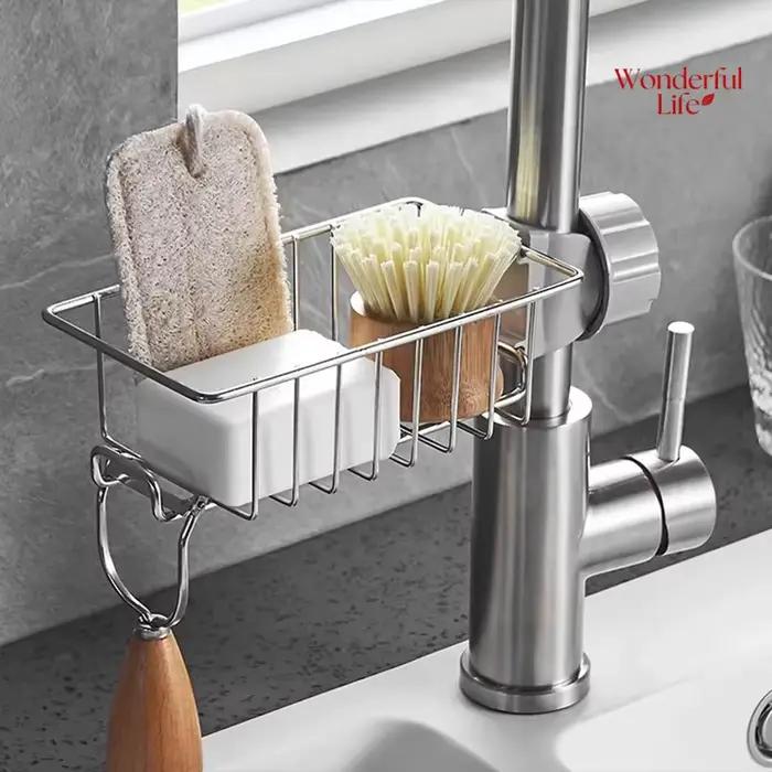 Égouttoir d'évier de cuisine en acier inoxydable, support de robinet de rangement, égouttoir à savon, porte-serviettes, organisateur d'étagère, accessoires de cuisine