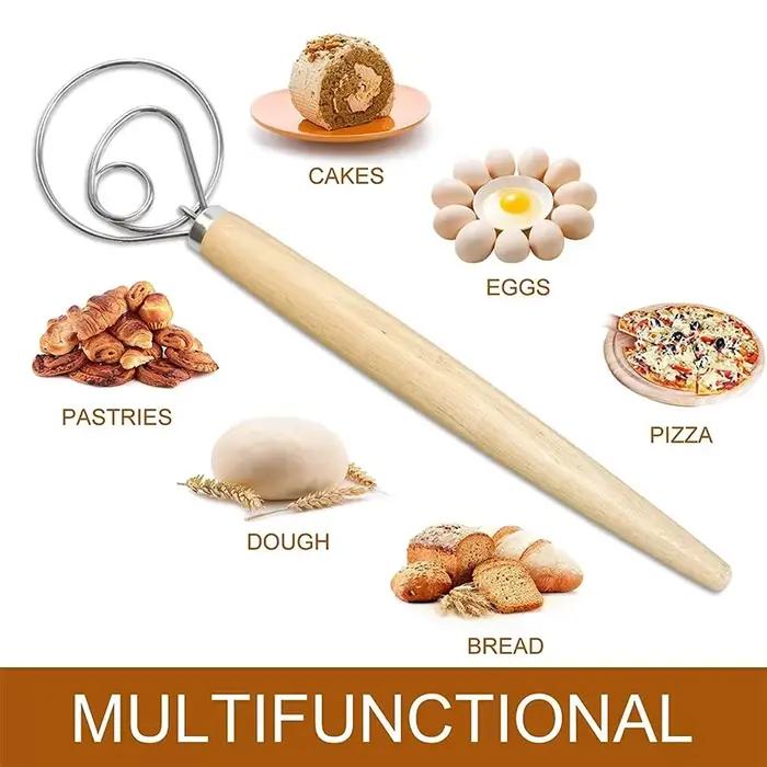 Mélangeur à Pâte Danois en Acier Inoxydable avec Manche en Bois Élégant pour Pain, Gâteaux, Occasions Spéciales à Offrir