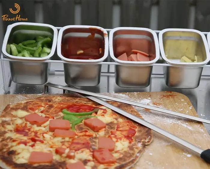 Station de garniture en acier inoxydable pour pizza garniture conteneur sauce ingrédients cuisine réfrigérateur kaki foncé prune