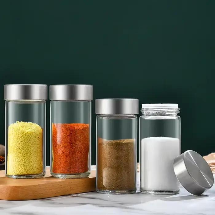 Bocal d'assaisonnement en verre avec couvercle en acier inoxydable, bouteille de stockage d'essence jetable, pot à épices de camping, sel Belle, cuisine, 3 pièces