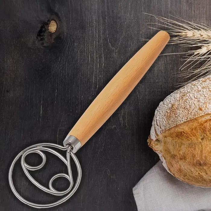 Fouet à pâte en acier inoxydable 304 avec manche en bois lisse