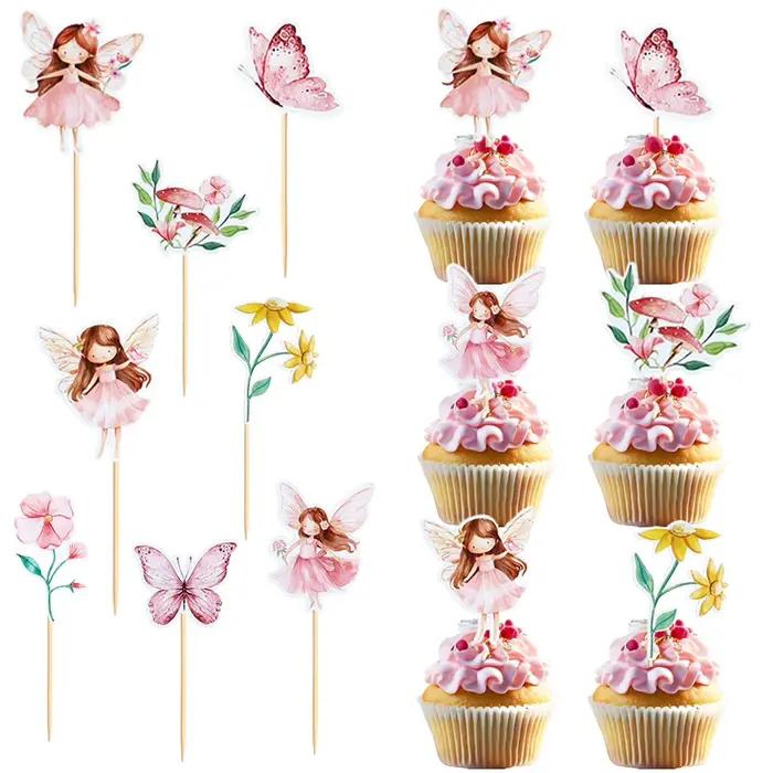 1 ensemble de décorations de cupcakes féériques, pics à dessert floraux, décorations de jardin féerique, pour anniversaire, baby shower, fête