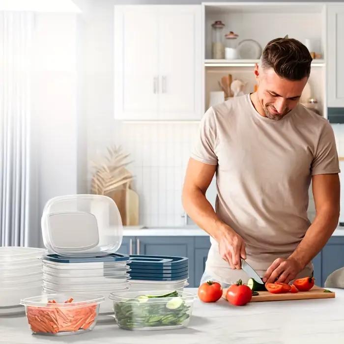 Ensemble de 6 contenants de stockage alimentaire en plastique transparent empilables avec couvercles bleus et marquages de mesure - Réutilisables, compatibles lave-vaisselle