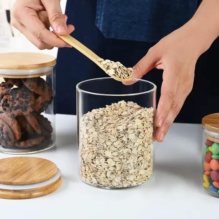 Pot en verre transparent avec couvercle en bois scellé, récipient de stockage alimentaire multifonctionnel, pot de stockage pour thé, bonbons, épices