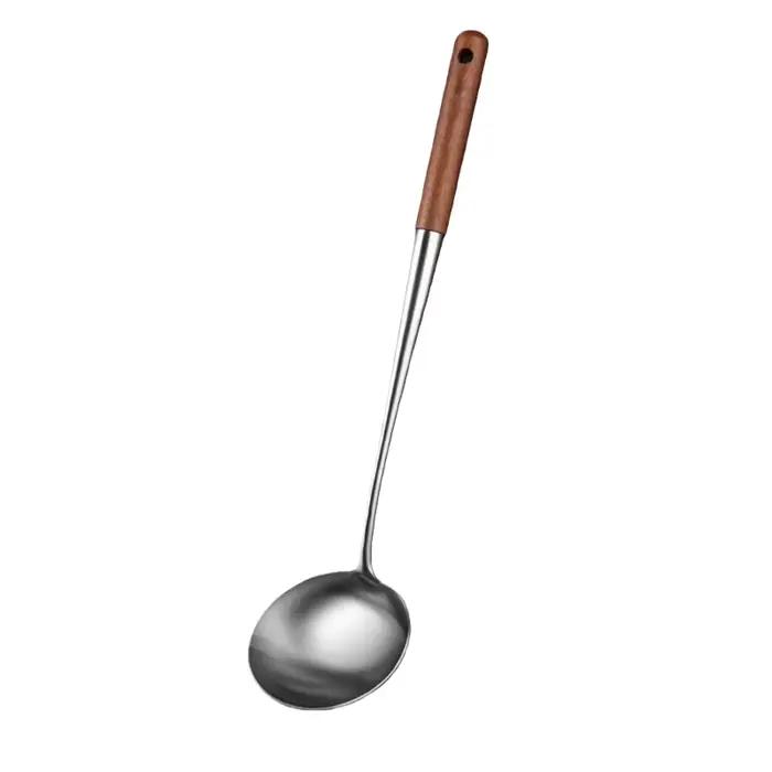 Spatule à poisson en acier inoxydable, poêle à œufs, cuillère antiadhésive, Long manche en bois, pelle plate fendue pour Steak, outil de cuisine