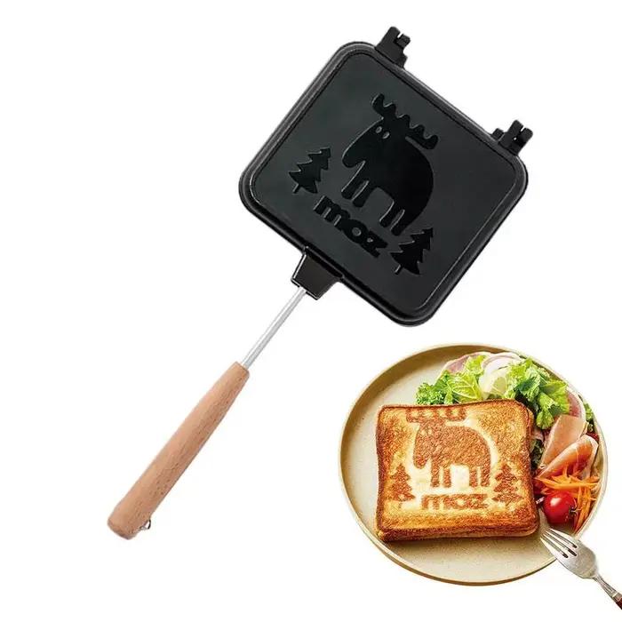 Machine à fromage grillé Double Face Cuisinière à Gaz Portative en Alliage d'Aluminium Manche en Bois pour Camping et Activités de Plein Air Occasions Spéciales