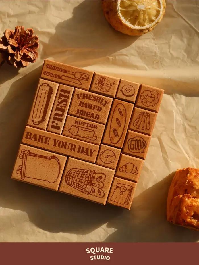 Tampon en bois à motifs de boulangerie variés et mignons, outil artisanal à thème alimentaire pour la décoration de carnets, le journaling et le scrapbooking