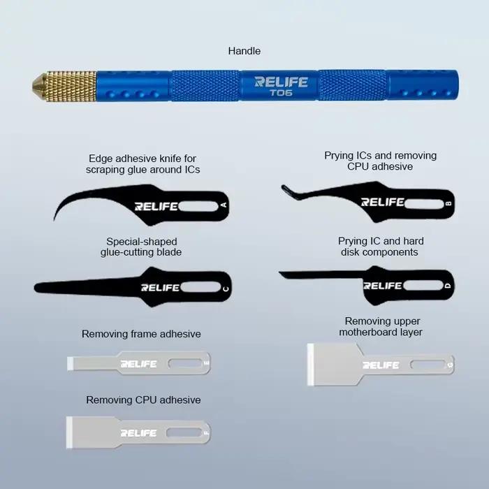 Couteau multifonctionnel RELIFE TK5 8 en 1, poli à la main, lame ultra-fine, pour le retrait de colle sur carte mère de téléphone, outils de levier pour IC et CPU
