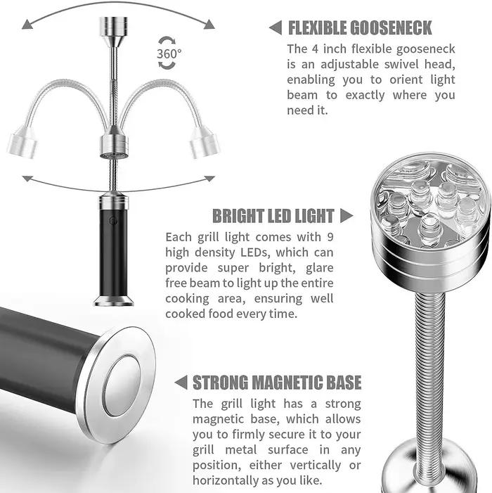 Lampe de gril – Accessoires de barbecue pour l'extérieur avec base magnétique, col flexible à 360 degrés, résistant à l'eau et à la chaleur, aucune batterie incluse