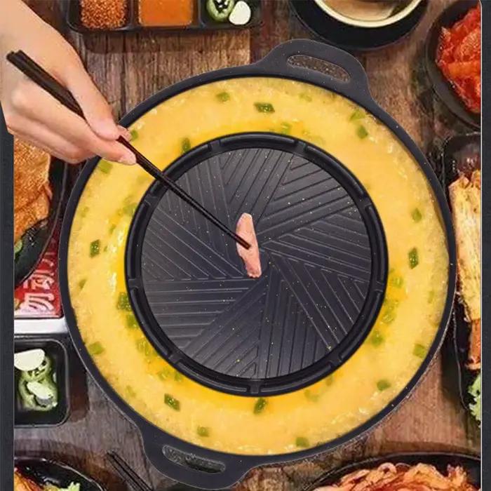 Poêle à Cassette coréenne antiadhésive en alliage d'aluminium, poêle ronde Shabu grillée, marmite avec conception de fuite d'huile pour Camping barbecue