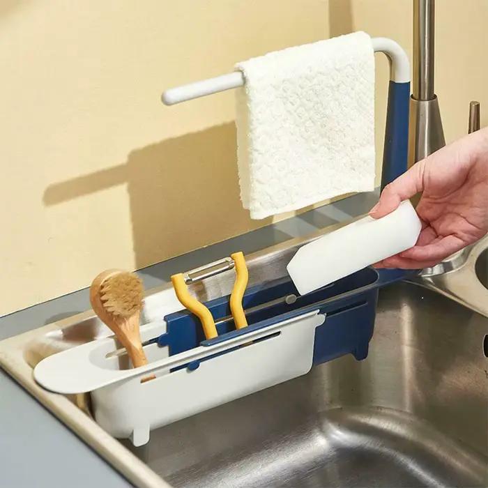 Égouttoir télescopique pour évier de cuisine, étagère d'évier, organisateur d'évier, support pour savon et éponge, panier de rangement, accessoires et outils de cuisine