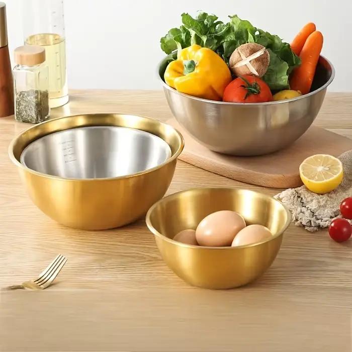 3 pièces Un ensemble de trois bols en acier inoxydable pour mélanger, pétrir la pâte et servir des salades, adapté à une cuisine.