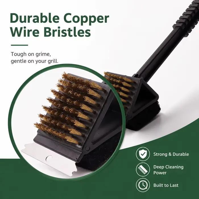 Brosse de nettoyage 3-en-1 pour barbecue avec grattoir et tampon de nettoyage, poils en cuivre, manche long, pour grilles à gaz et charbon de bois