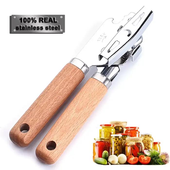 Ouvre-boîte manuel ergonomique professionnel en acier inoxydable, avec manche en bois, ouvre-bocal à coupe latérale, accessoires de cuisine