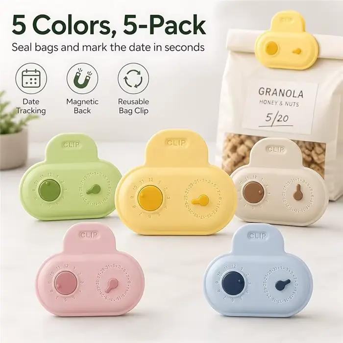 BSEVB-Accessoires de cuisine-Clip magnétique pour sac (2 ensembles), 10 pinces de scellage avec date, organisateur de collations mignon pour le stockage des aliments