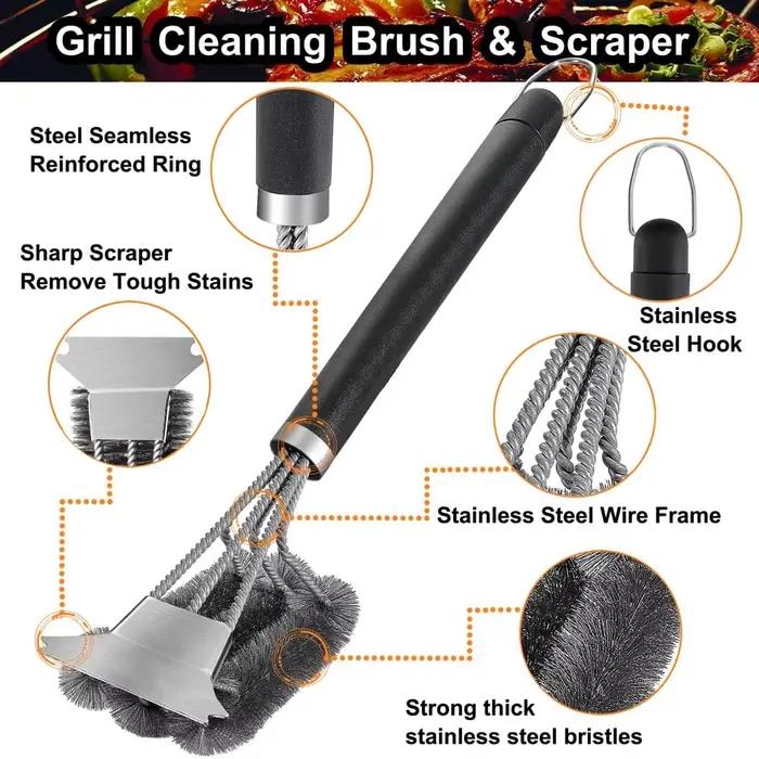 Brosse et grattoir de gril sûrs, brosse de nettoyage de barbecue à poignée avec poils en acier inoxydable, adapté au nettoyeur de grille de gril extérieur