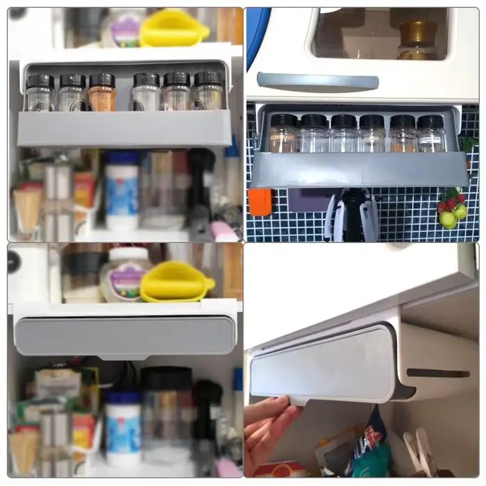 Support de rangement de bouteilles d'épices, fournitures de cuisine, tiroir sous le bureau, support organisateur de bouteilles d'assaisonnement auto-adhésif caché