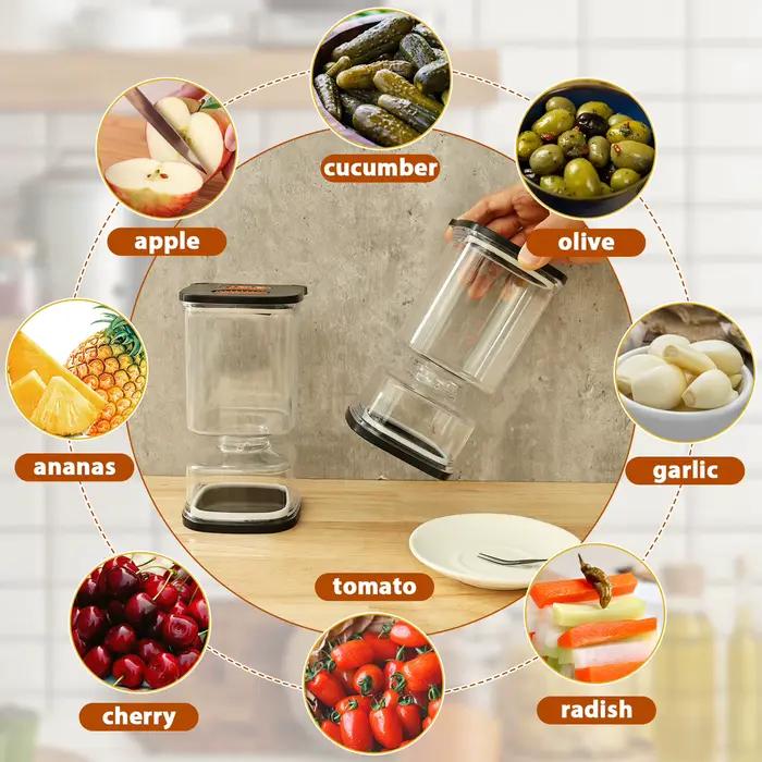 Pot à cornichons Flip Pickle Jar, capacité totale 33,82 oz, transparent, avec fourchette et minuteur, récipient hermétique pour cornichons, olives, oignons, ail