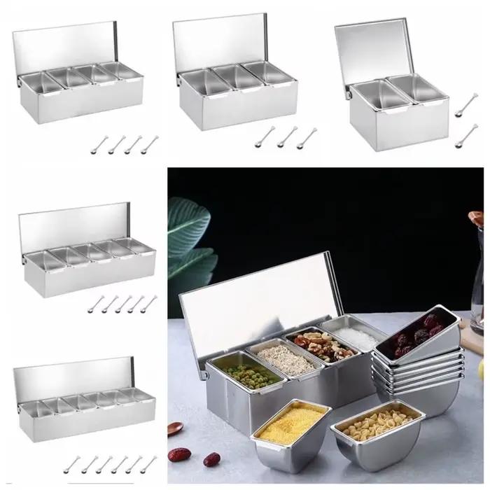 Boîte de rangement créative pour épices avec couvercle, 2/3/4/5/6 compartiments, récipient à épices et assaisonnements avec cuillère, support à épices de cuisine en acier inoxydable