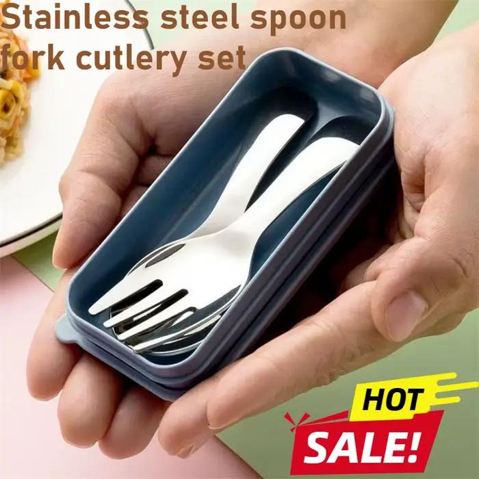 Une paire de couverts cuillère fourchette en acier inoxydable, ensemble pliable Portable Dessert Bento voyage camping en plein air inoffensif cuillère ronde à manche court