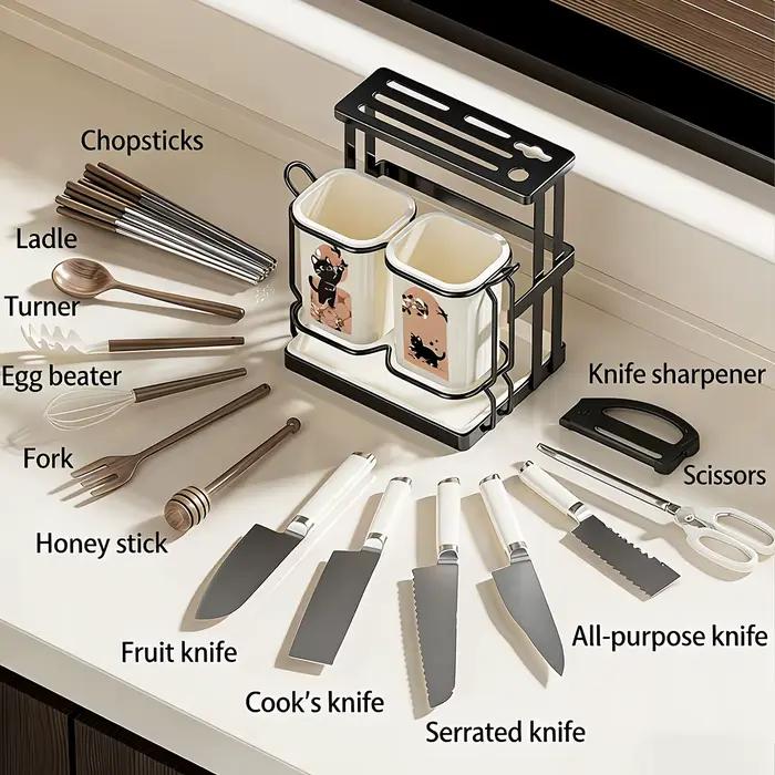 Organisateur d'ustensiles de cuisine et de couteaux en acier au carbone support de rangement 2-en-1 pour comptoir et montage mural blanc et noir multifonctionnel hygiène durable